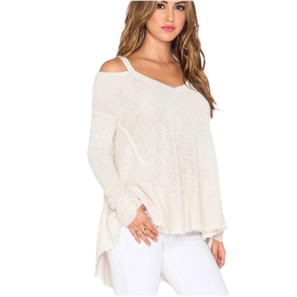 Free People Moonshine Cream Cold Shoulder Sweater with Cable-Knit Design